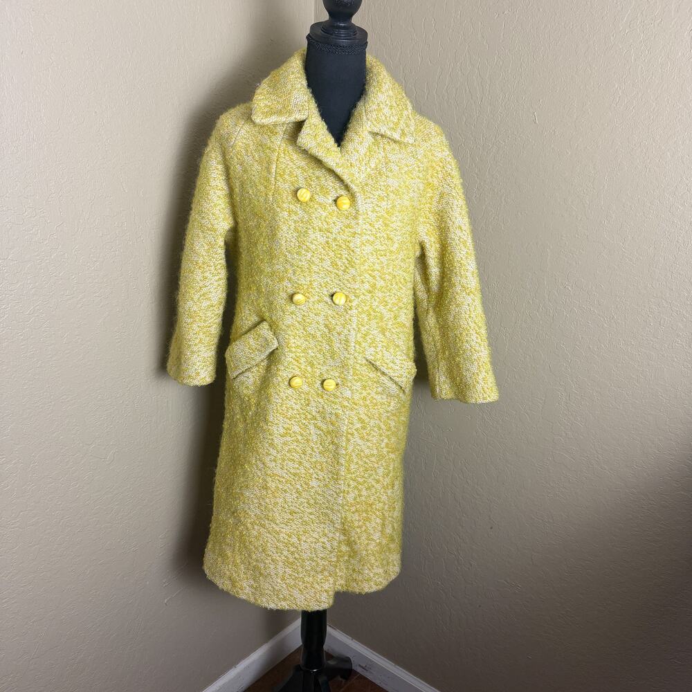Vintage 1960s Yellow Boucle Tweed Coat ILGWU Double Breasted Mod Mid Century